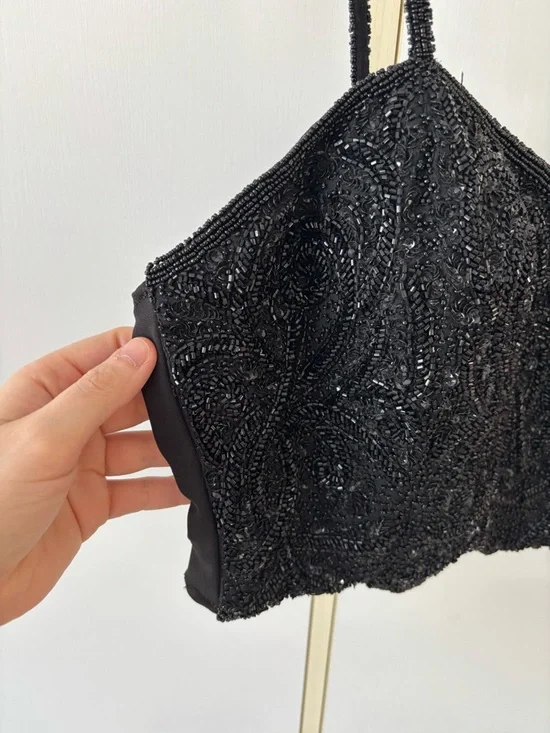 Heavy Beaded Smocked Crop Top Luxe Statement Bustier Festival Evening Event XL - Picture 6 of 16